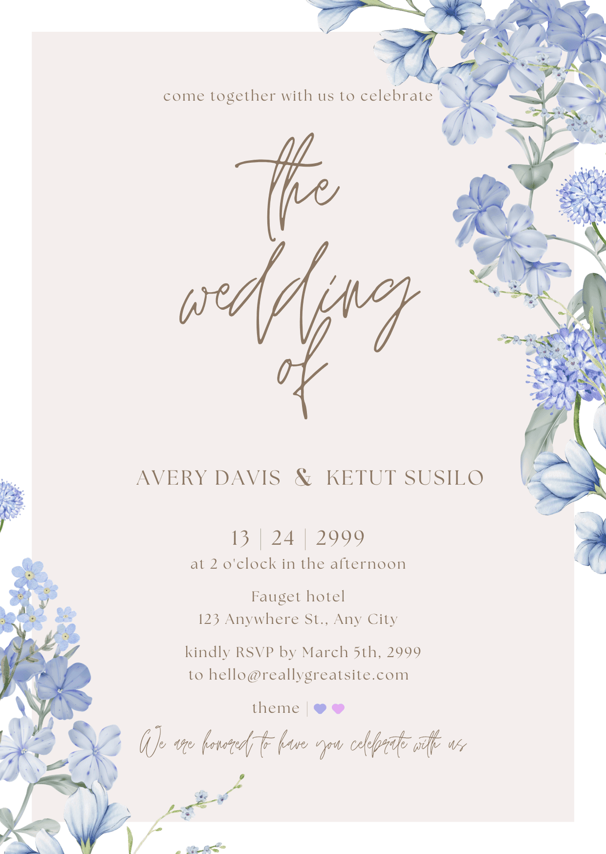 Elegant wedding invitation with blue watercolor flowers, green leaves, a soft blush background, and flowing calligraphy.