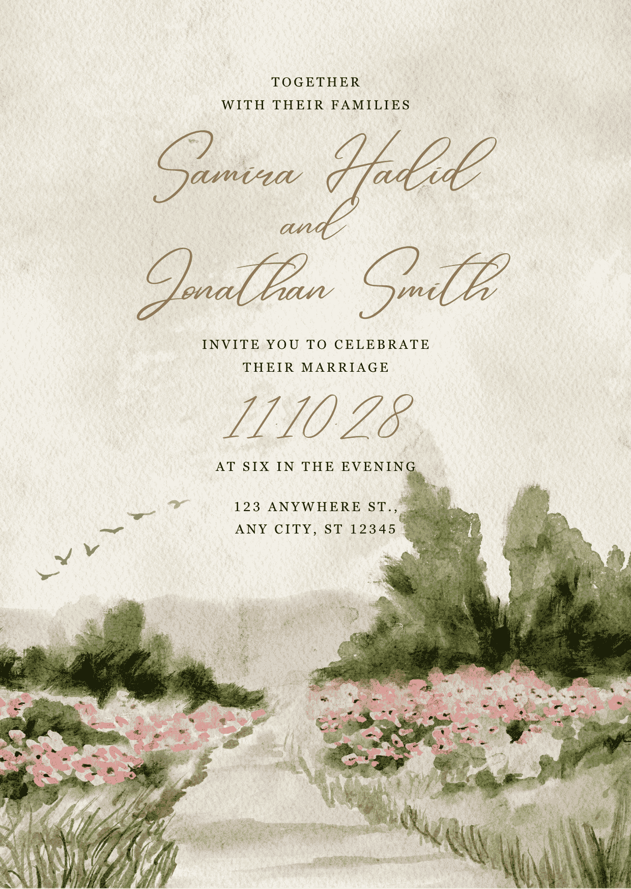 Vintage wedding invitation with a painted countryside landscape, pink flower fields, green trees, a garden path, and elegant calligraphy.